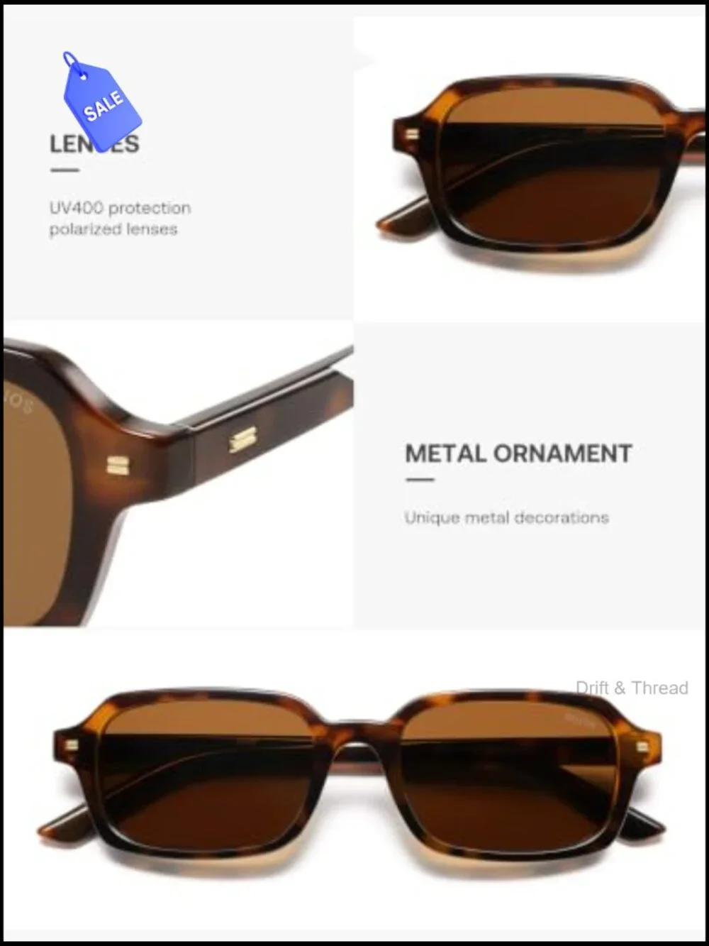 Retro Y2K Rectangle Polarized Sunglasses UV400 Small Thin Frame